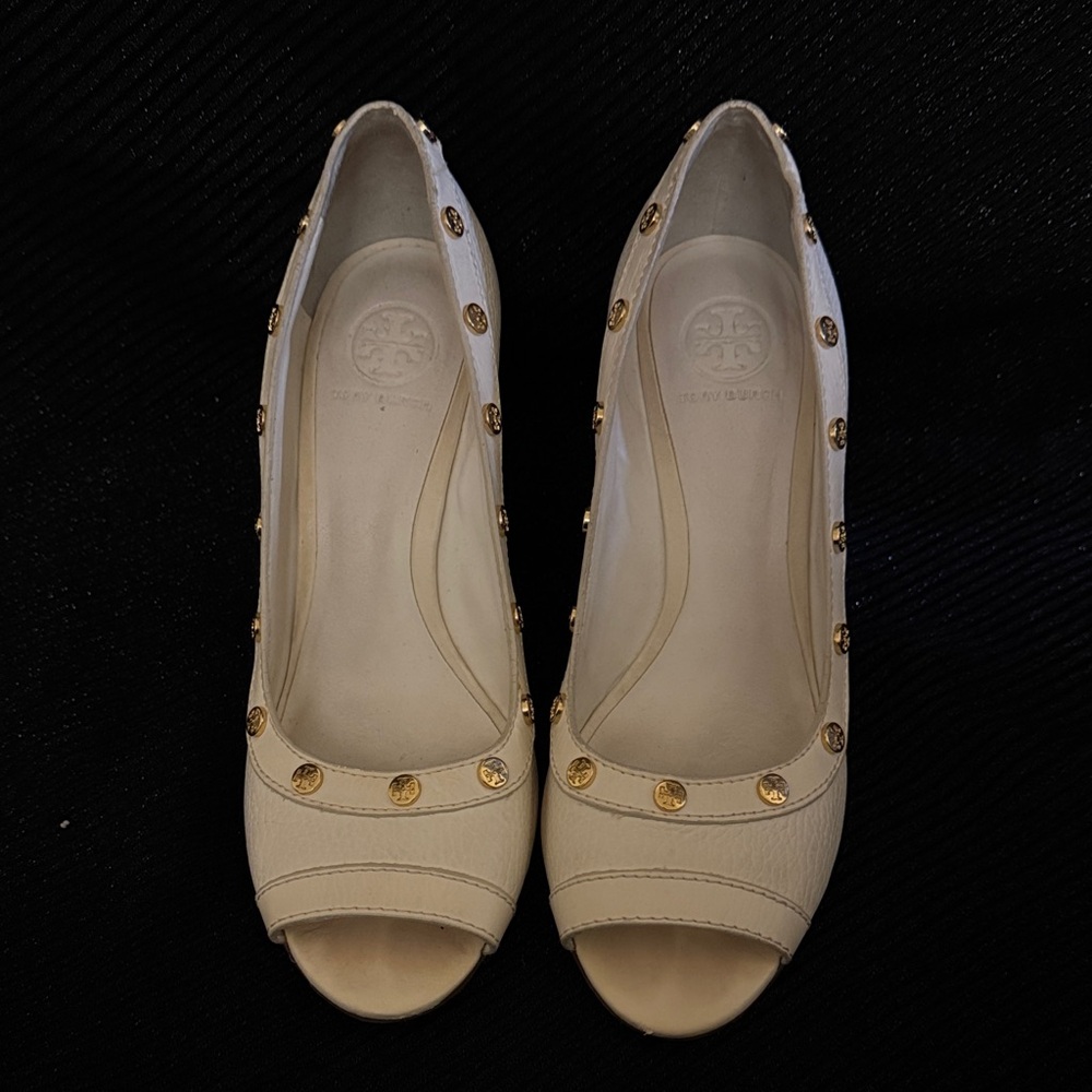 Tory Burch Wedge Pump Peep-Toe Heels with Gold Accents